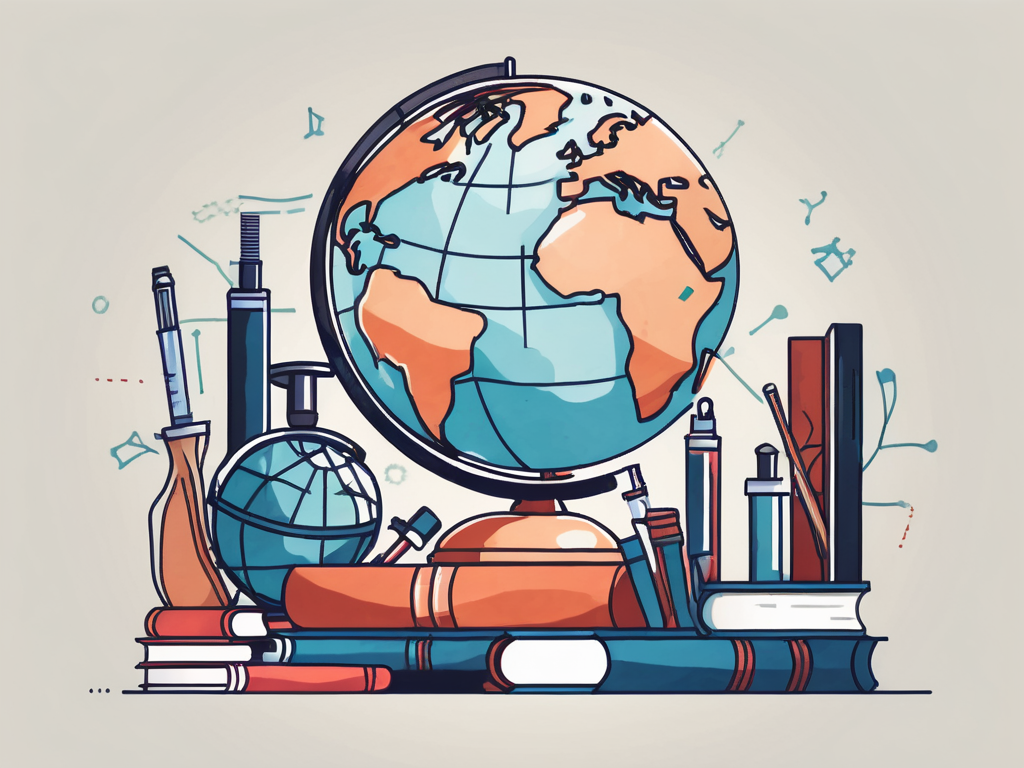 A globe surrounded by various educational tools like books