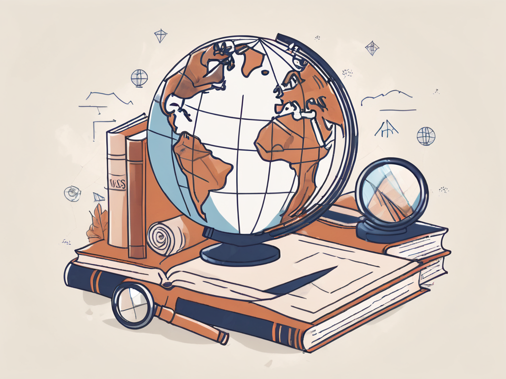 A globe with different school symbols like books