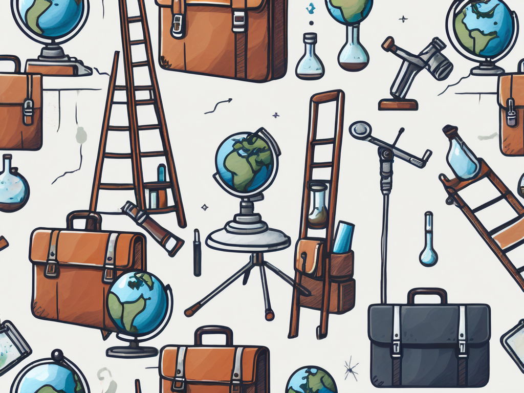 A ladder reaching up towards a collection of ten different symbols representing various professional opportunities (such as a briefcase