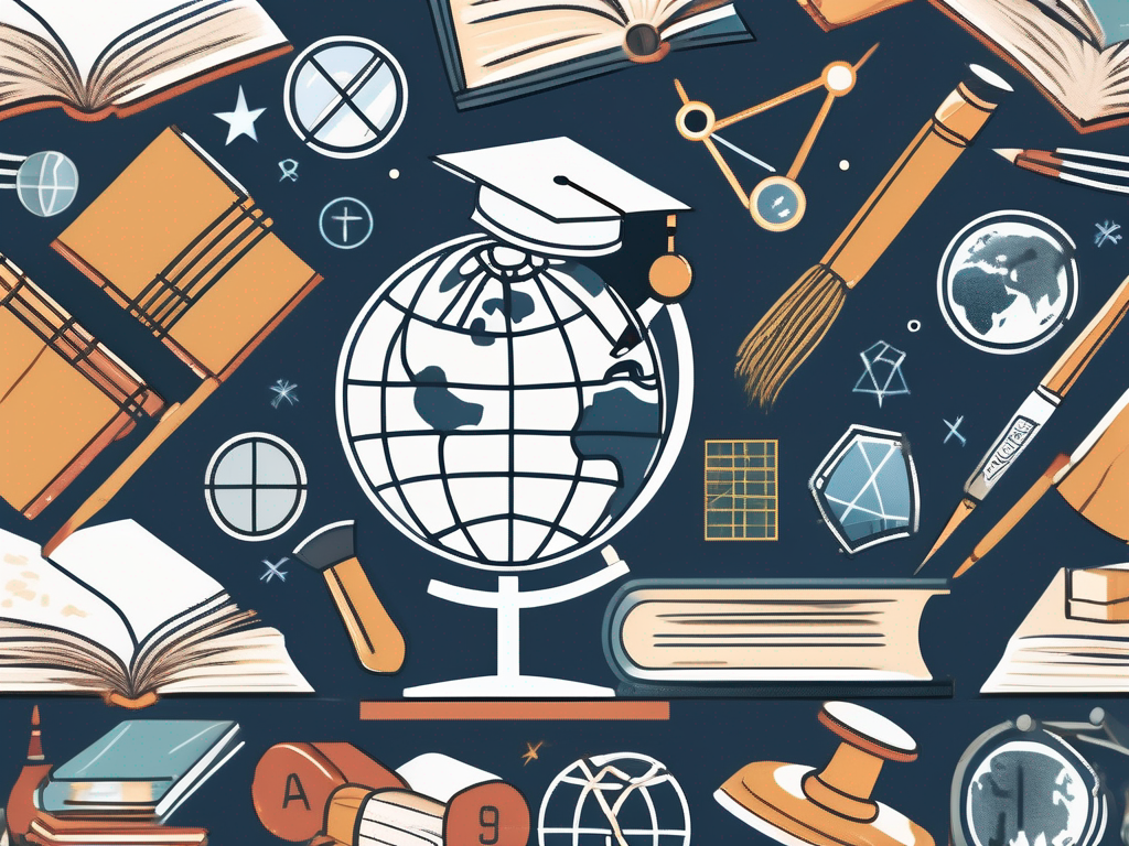 A globe surrounded by various symbols of academic disciplines such as a microscope