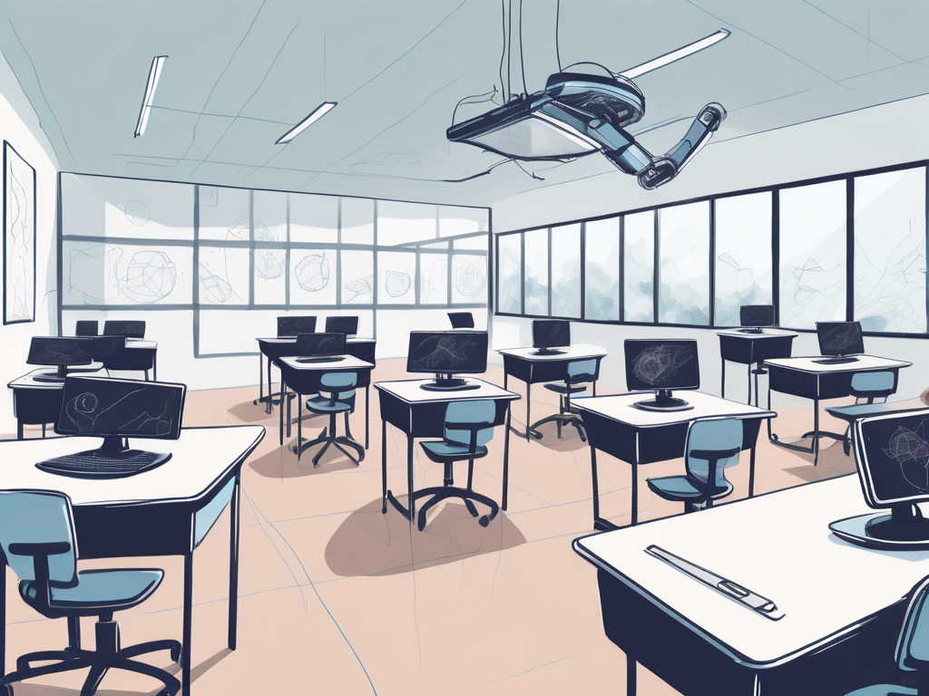 A modern international school classroom equipped with advanced technology like virtual reality headsets