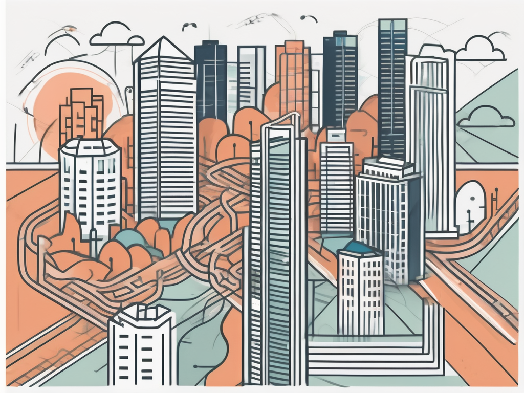 A bustling singapore cityscape with symbolic obstacles like a towering language barrier