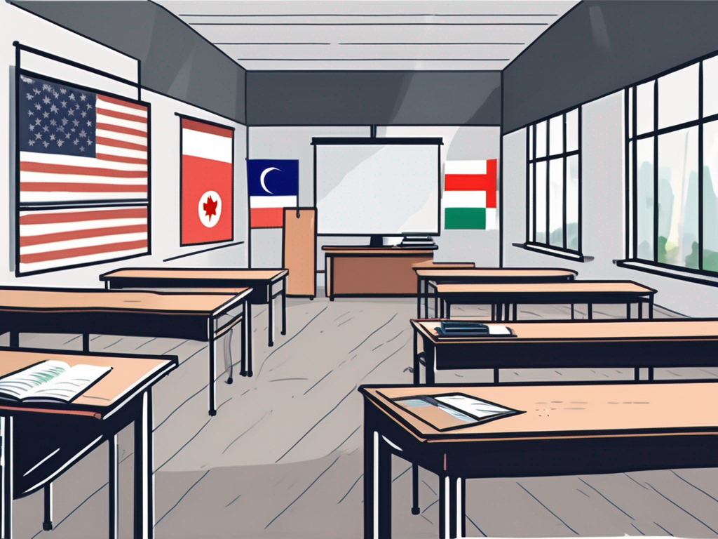 A classroom setting with an empty teacher's desk and a chalkboard