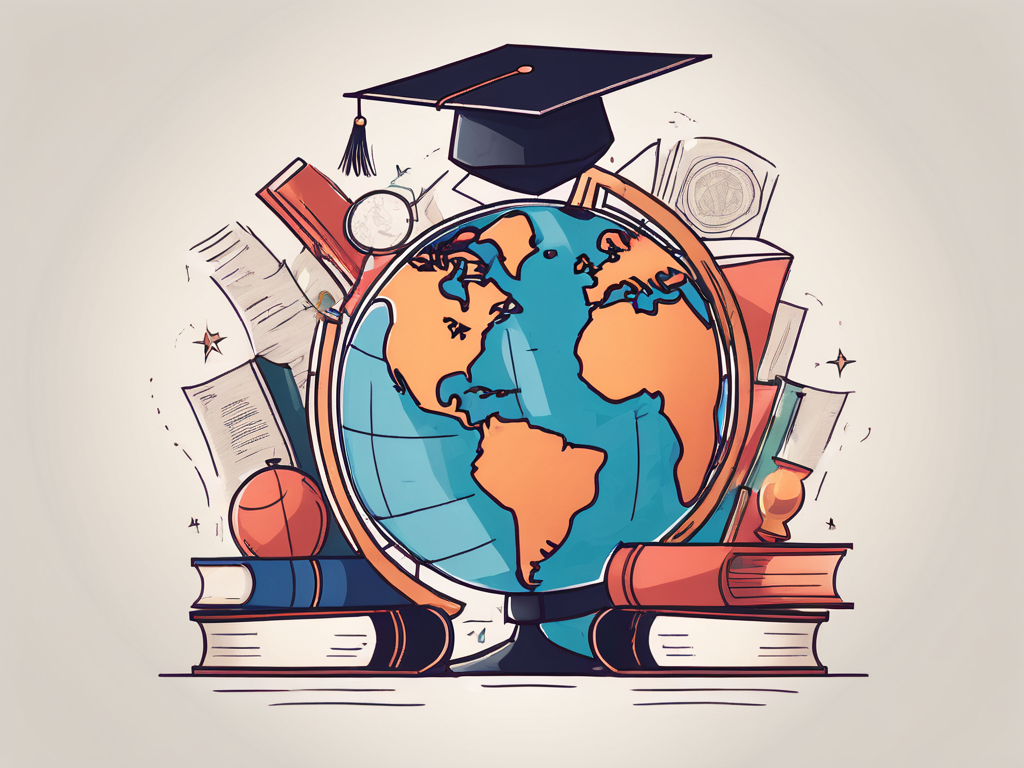 A globe surrounded by various educational symbols such as books