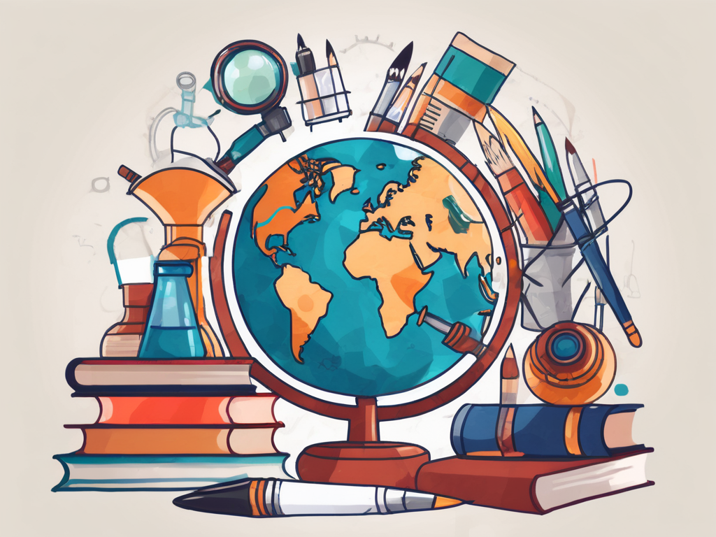 A globe surrounded by various educational tools like books