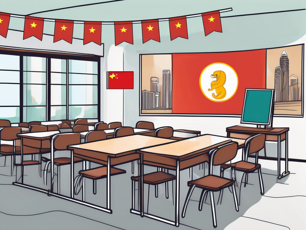 A singaporean classroom with diverse cultural symbols like the merlion