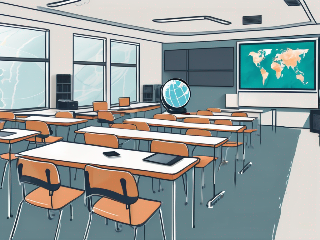 A modern international school classroom filled with advanced technology such as smartboards