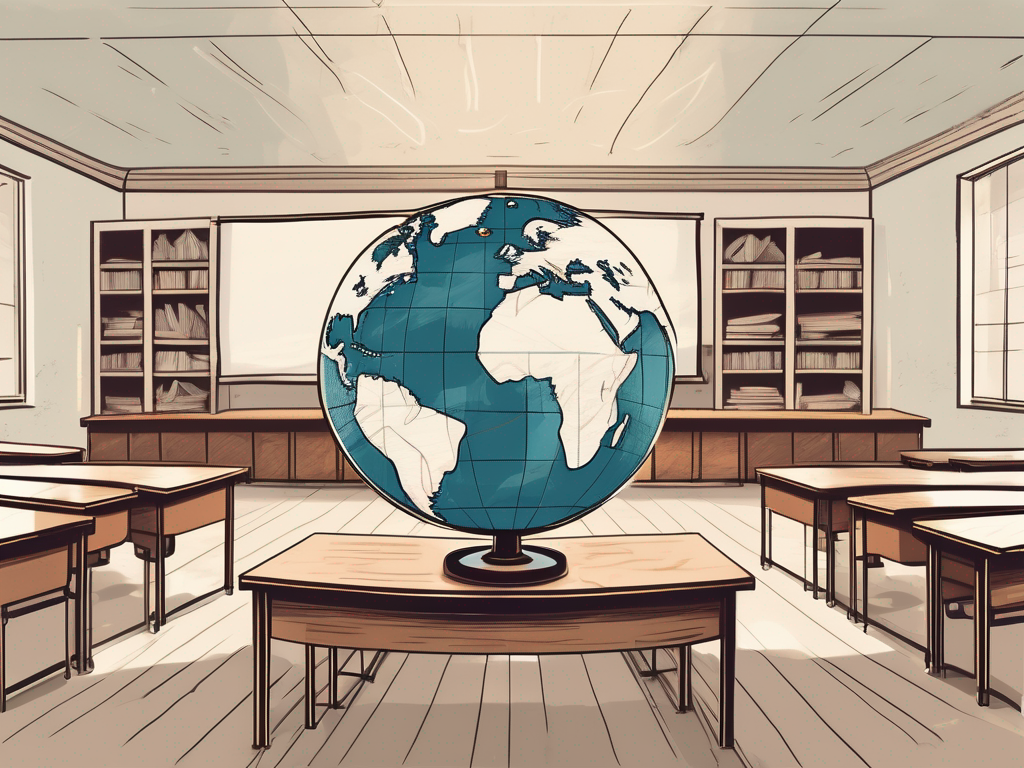 A traditional classroom setting transforming into a globe