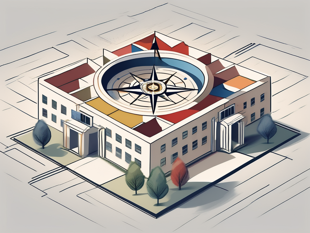 A compass navigating through a maze shaped like a school building