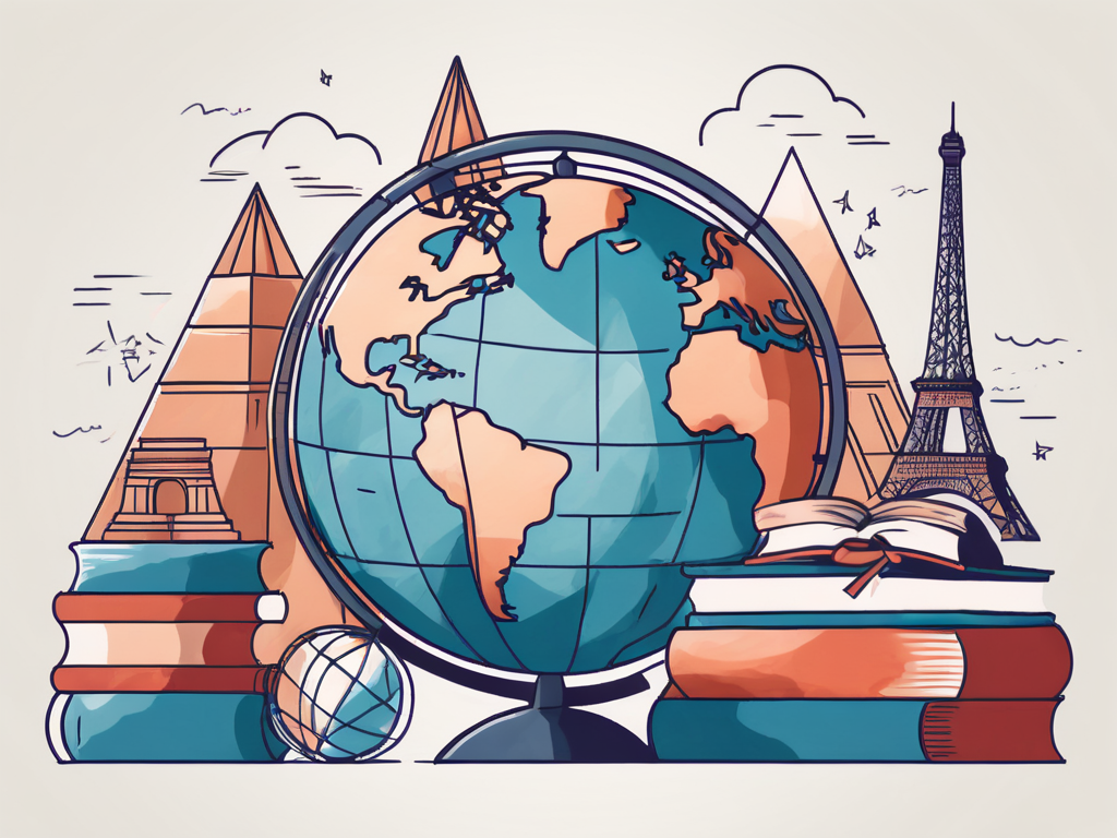 A globe with various iconic landmarks