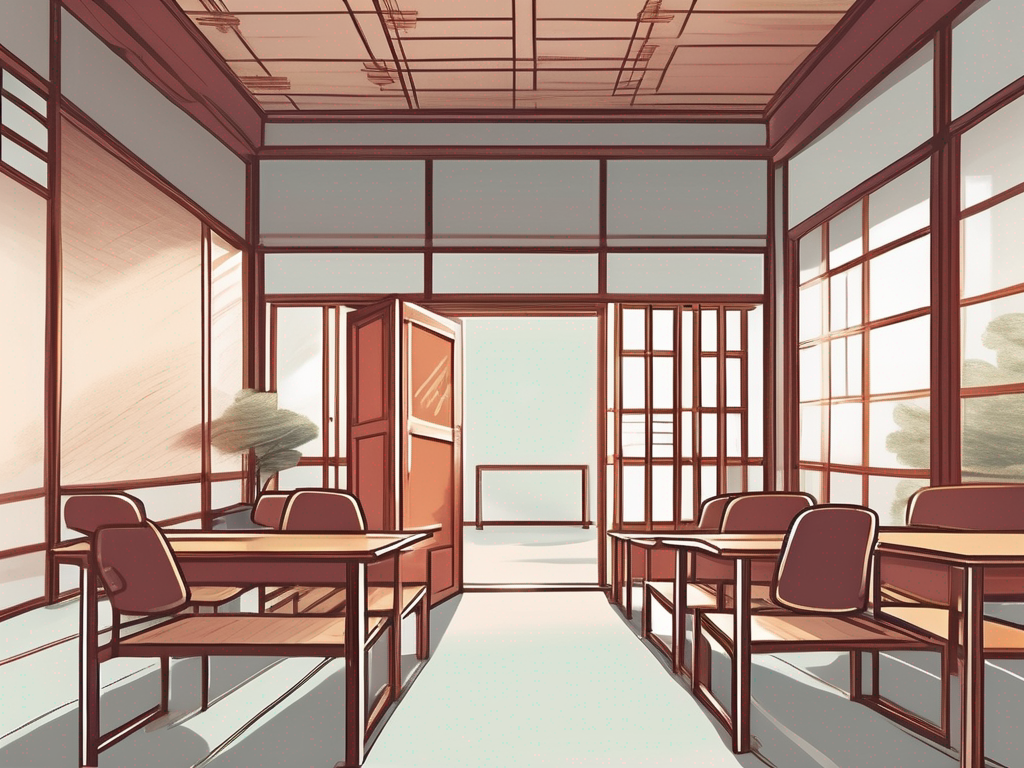 A classroom setting in china with an open door symbolizing opportunities