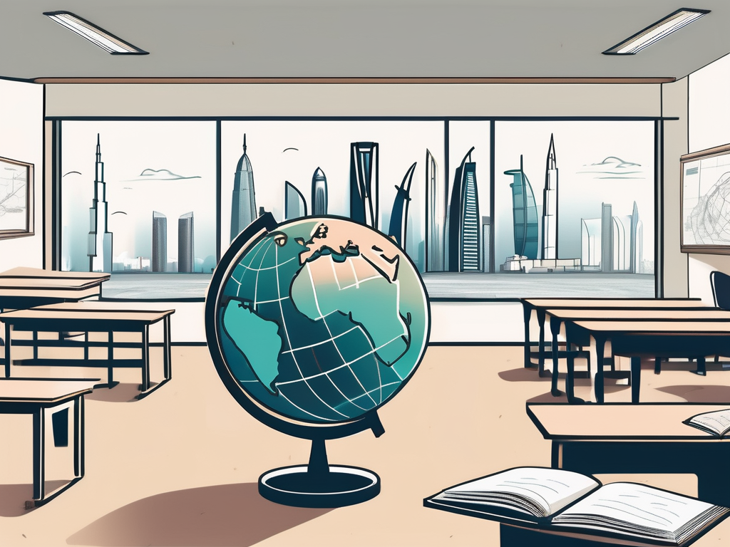 A classroom setting with a view of iconic uae landmarks in the background