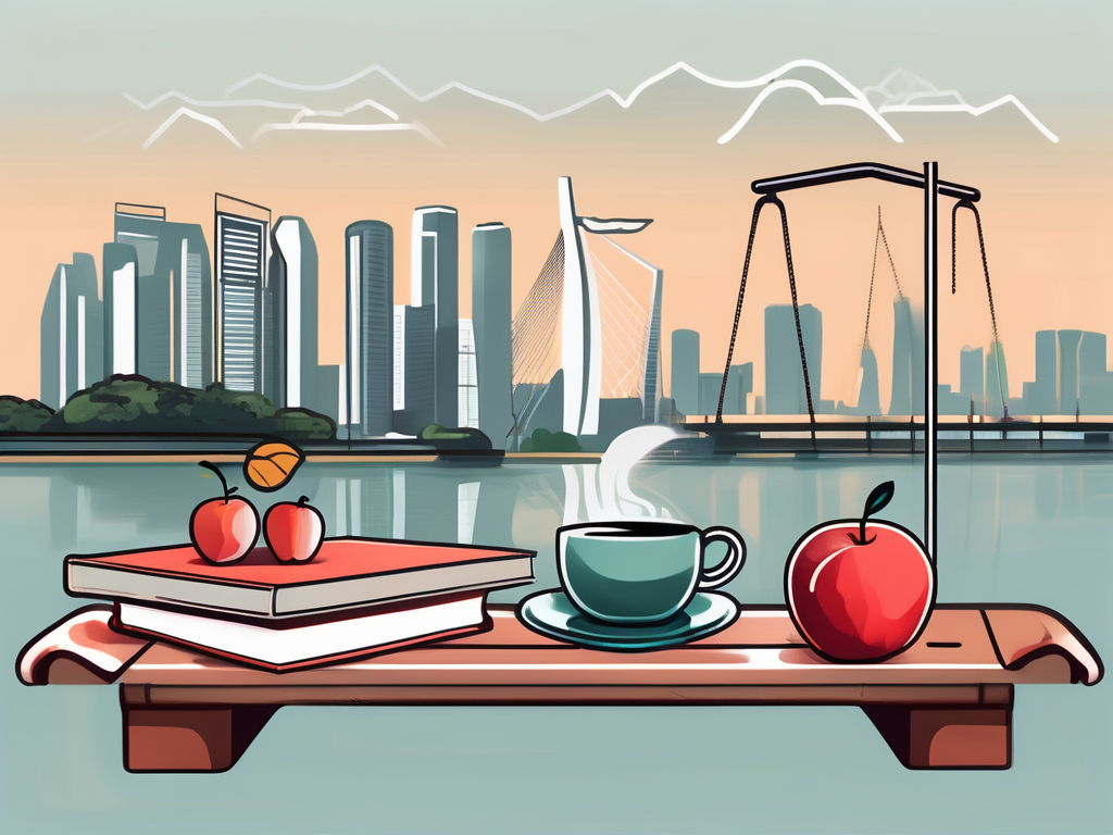 A balanced scale with school-related items like books