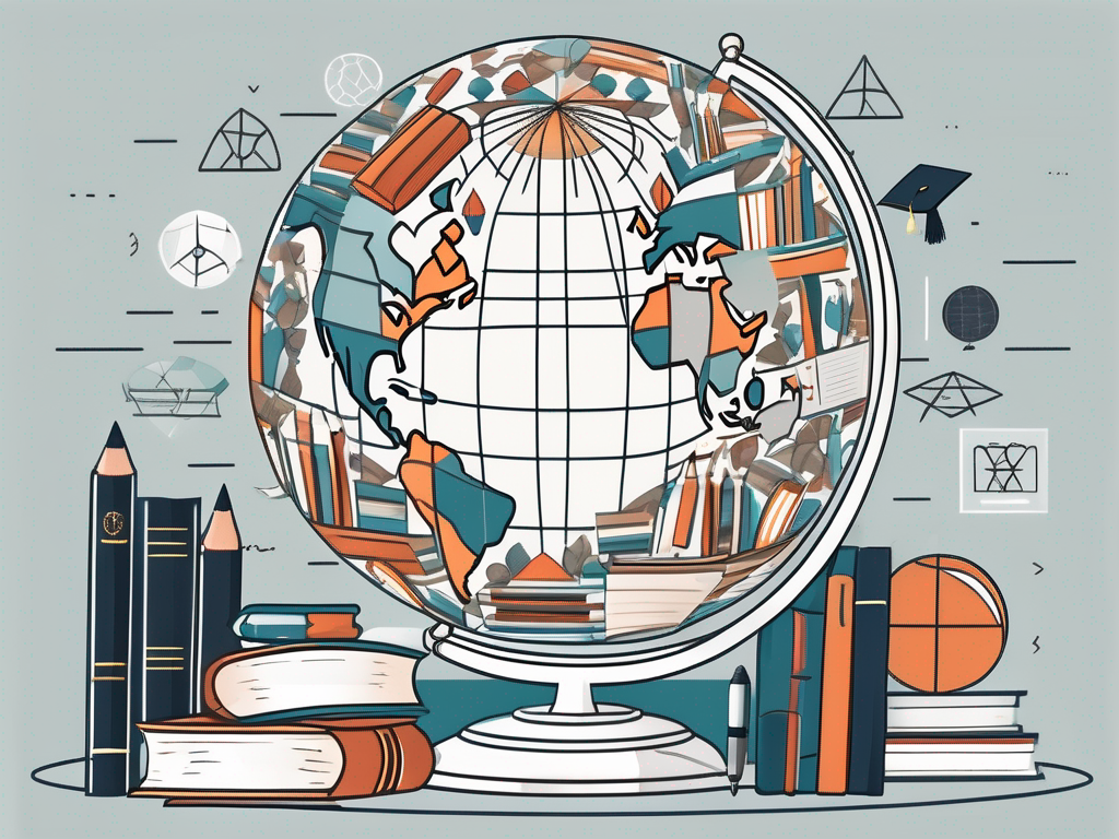 A globe surrounded by various symbols of academics like books