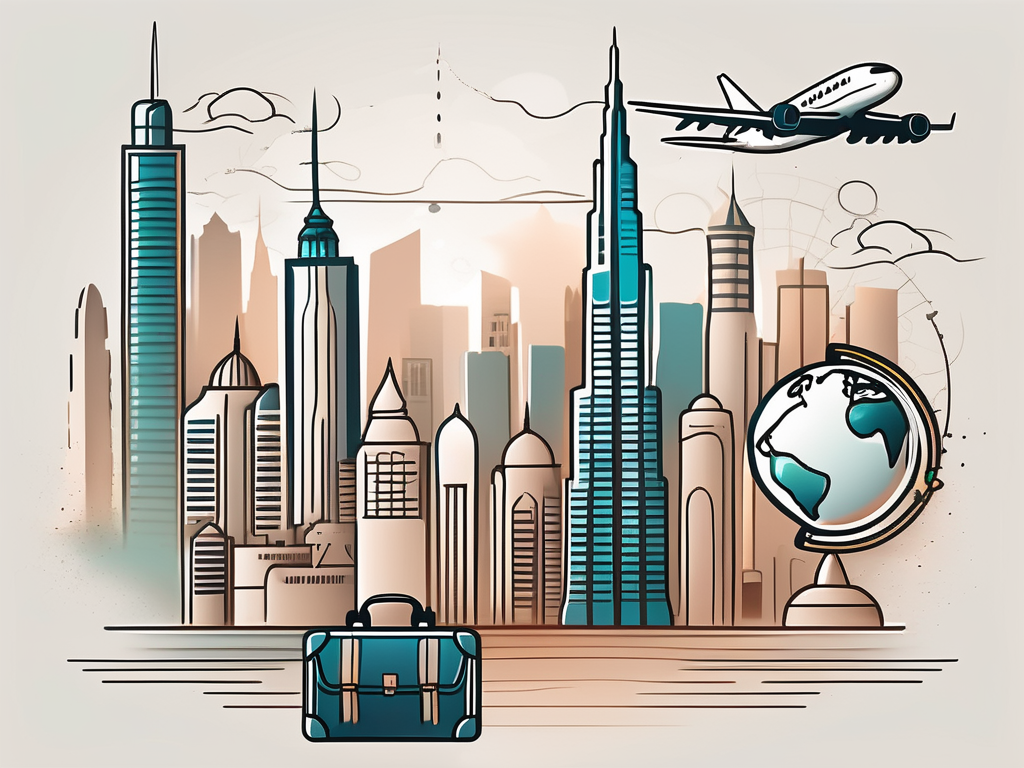 The united arab emirates skyline with symbols of teaching like an apple