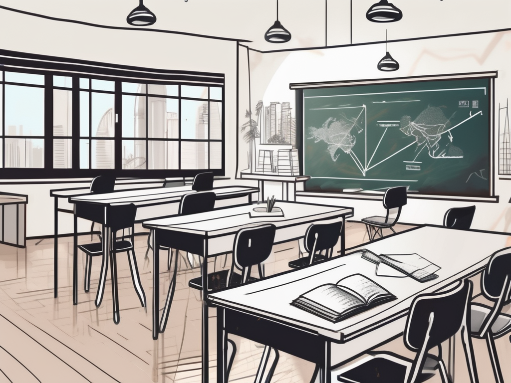 A classroom setting in singapore with iconic landmarks in the background