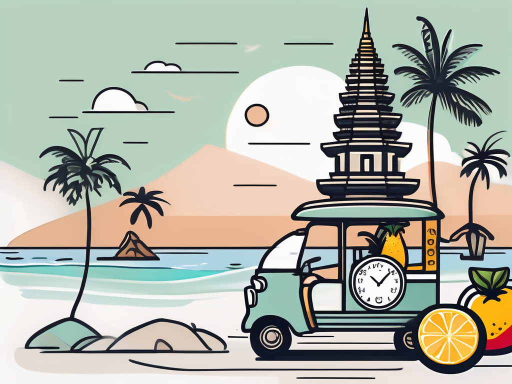 A balanced scale with one side holding iconic thai symbols like a temple