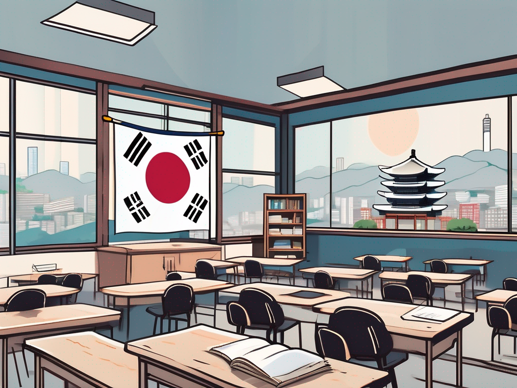 A classroom with international flags and traditional korean elements