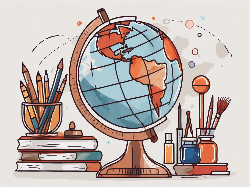 A globe surrounded by various educational tools such as books
