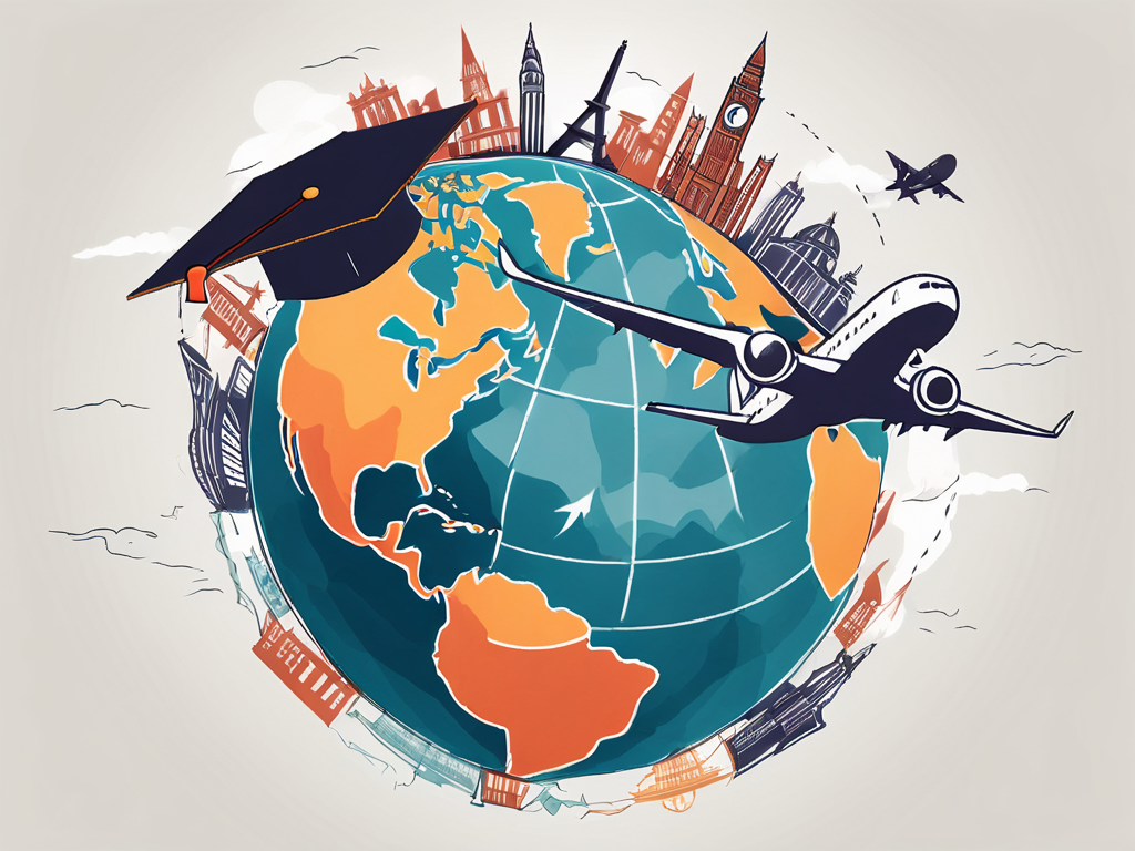 A globe with various iconic landmarks from around the world