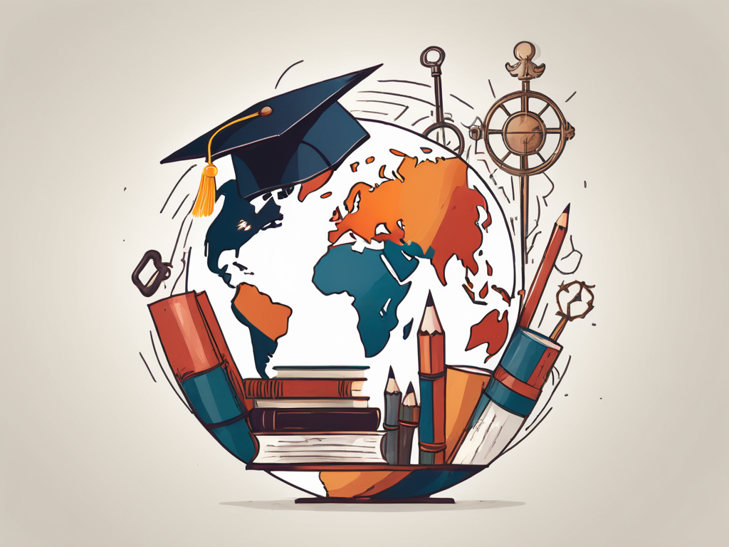 A globe with various iconic educational symbols like books