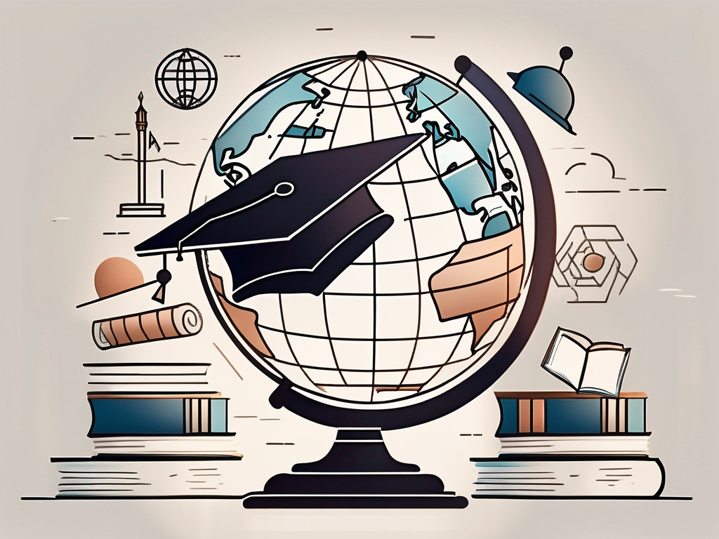 A globe with various educational symbols like a graduation cap