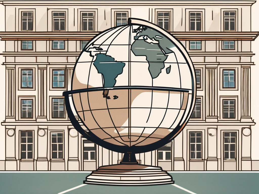 A traditional portuguese school building with a globe placed in the foreground