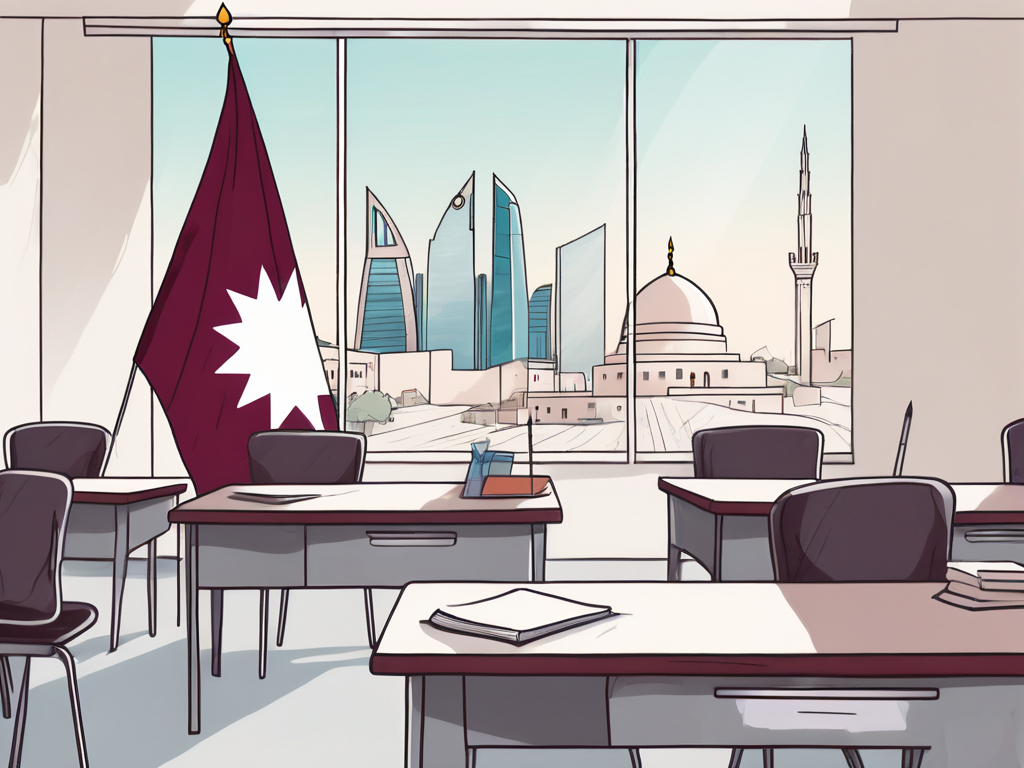 A classroom setting with international flags