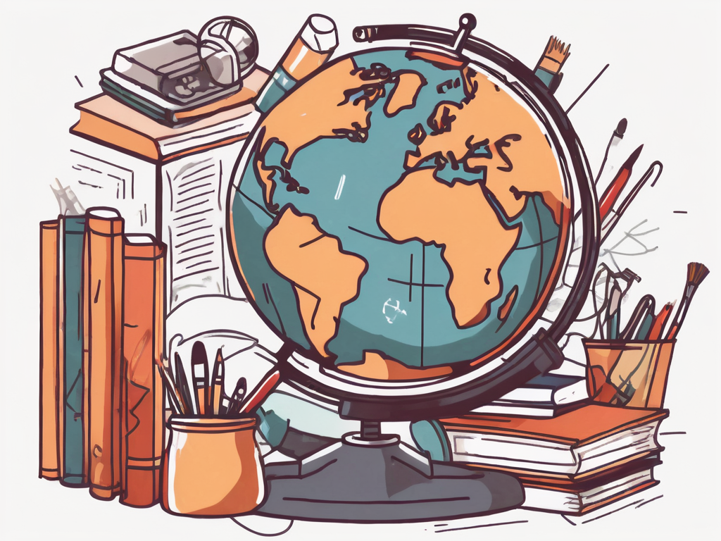 A globe surrounded by various educational tools such as books