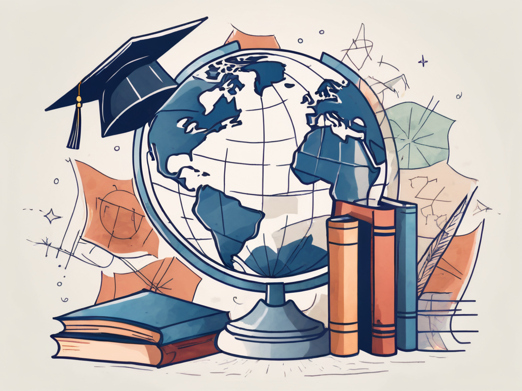 A globe surrounded by various educational symbols such as a graduation cap