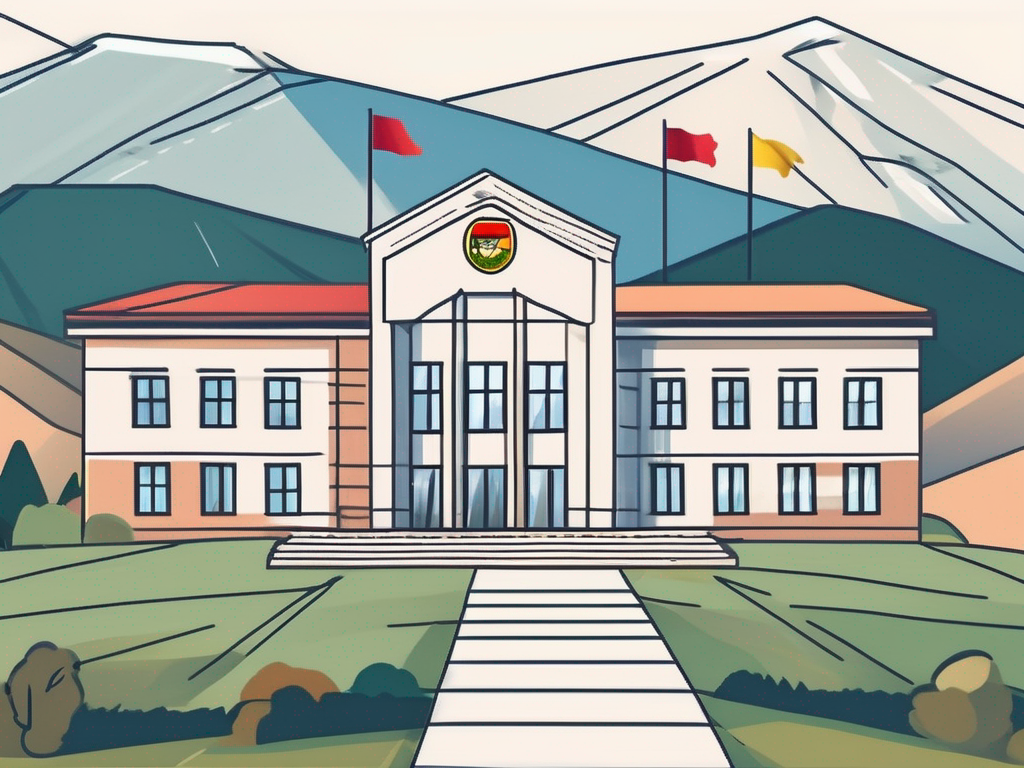 A school building with international flags fluttering in the wind