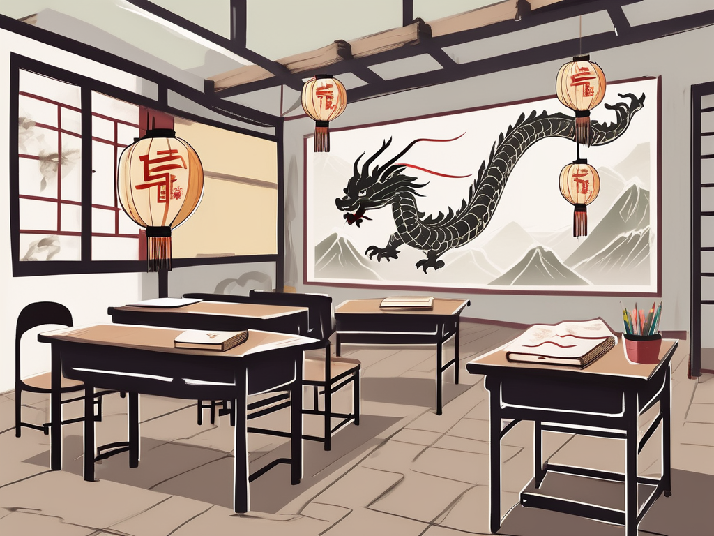 A classroom setting in china with a blackboard