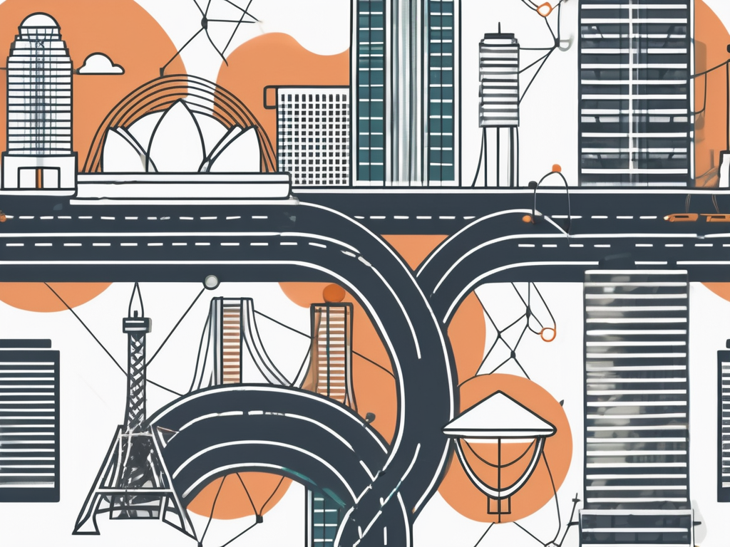 A variety of iconic singapore landmarks intertwined with symbols representing social and professional networking