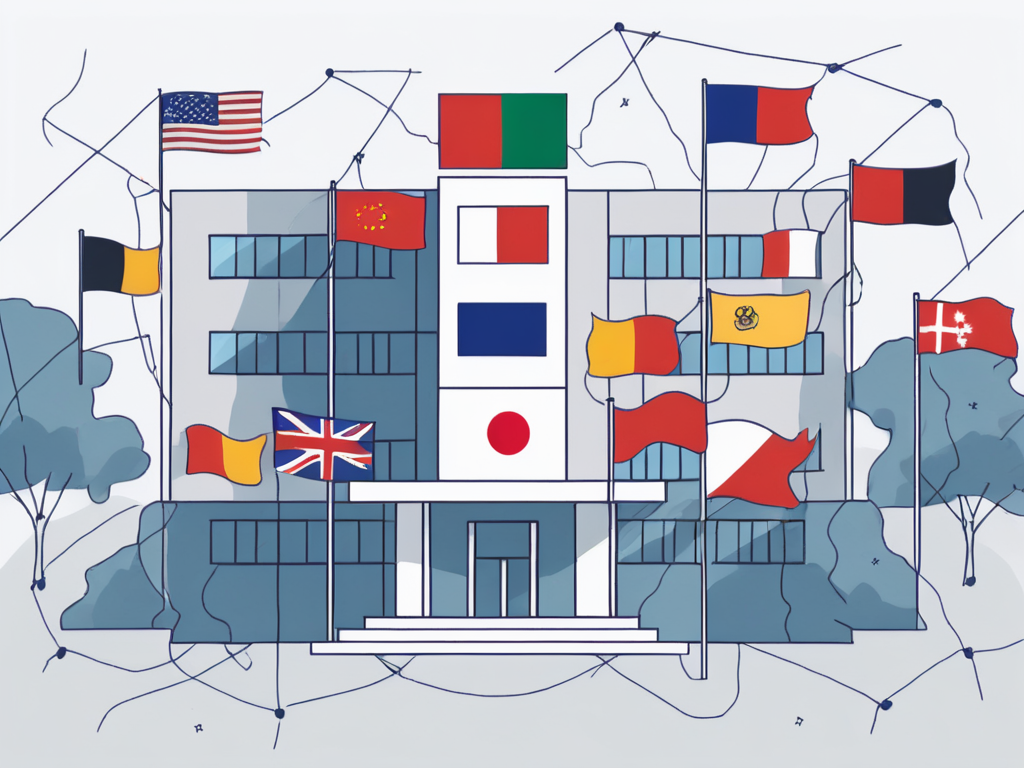 A school building with various international flags fluttering in the wind