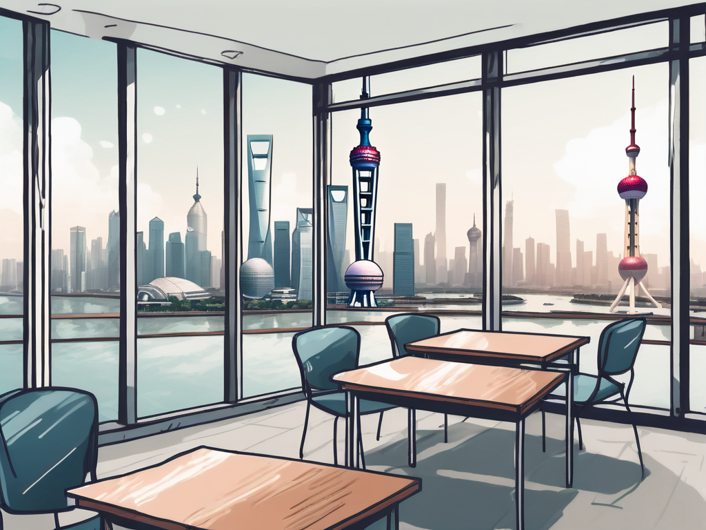 A modern classroom setting with a view of shanghai's skyline