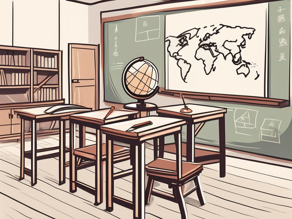 A classroom scene in china with teaching tools like a chalkboard