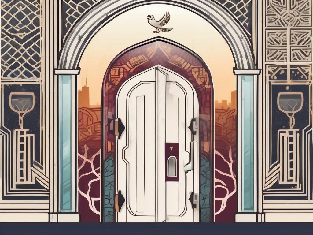 A symbolic key unlocking a door with elements related to teaching (like an apple