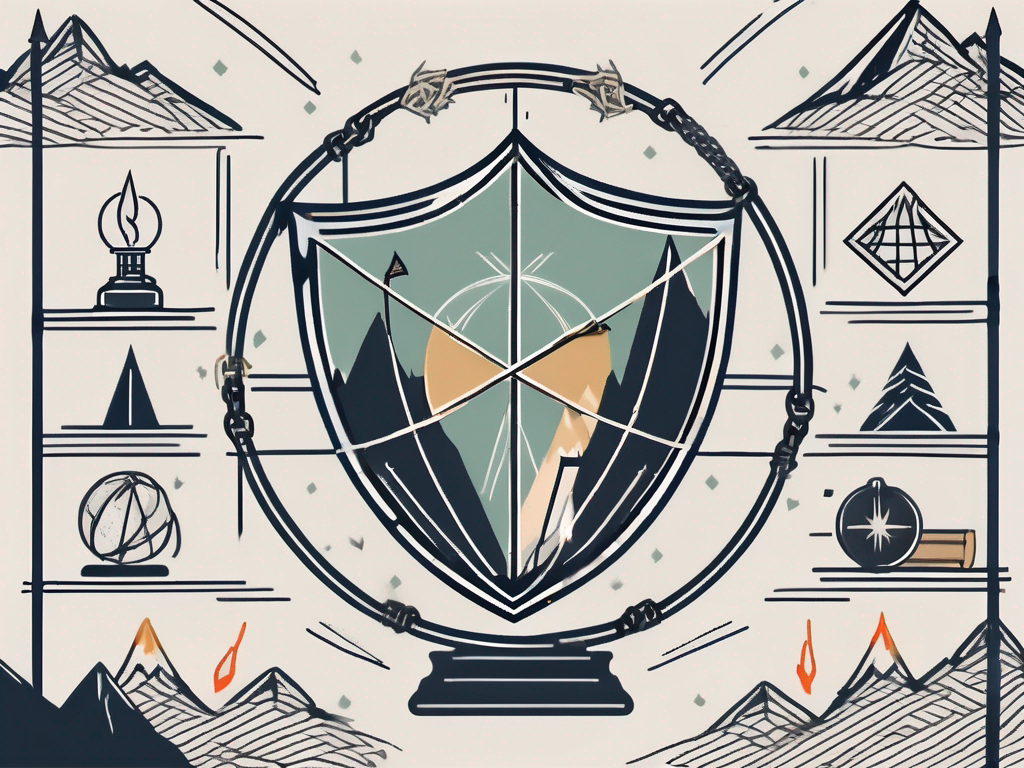 A globe surrounded by four symbolic elements - a shield