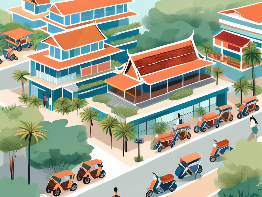 A diverse array of international school buildings scattered across a vibrant thai landscape