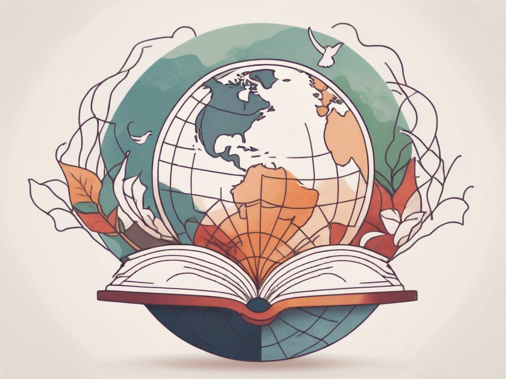A globe with various educational symbols like books
