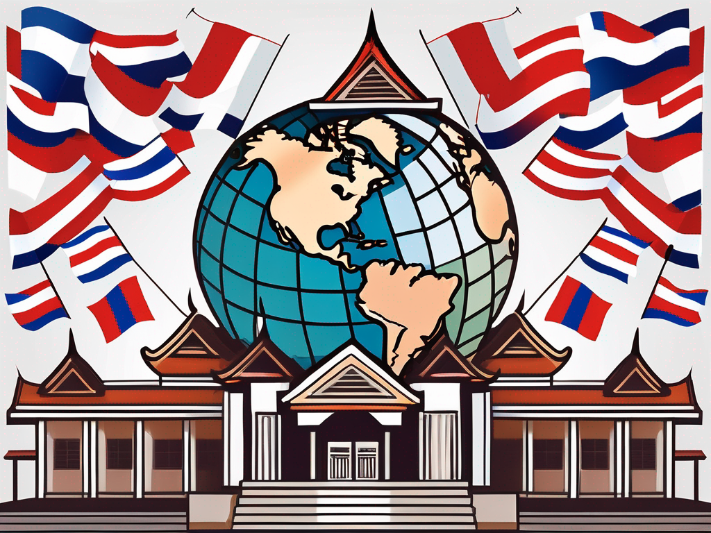 A traditional thai school building with a globe in the background