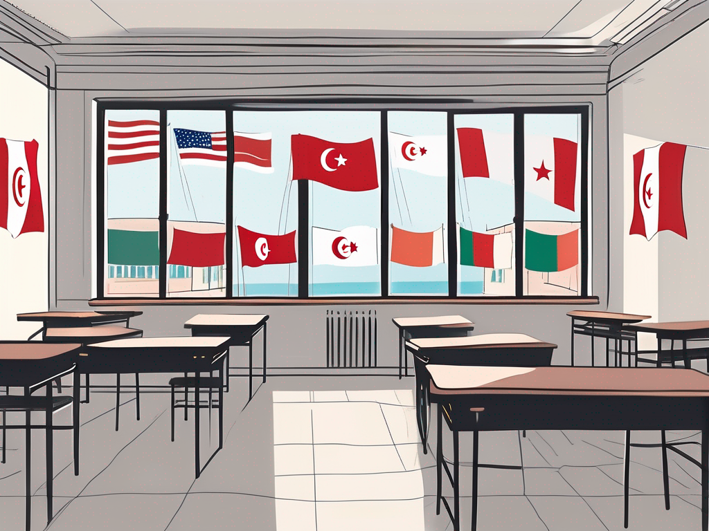 A classroom setting with international flags hanging on the walls
