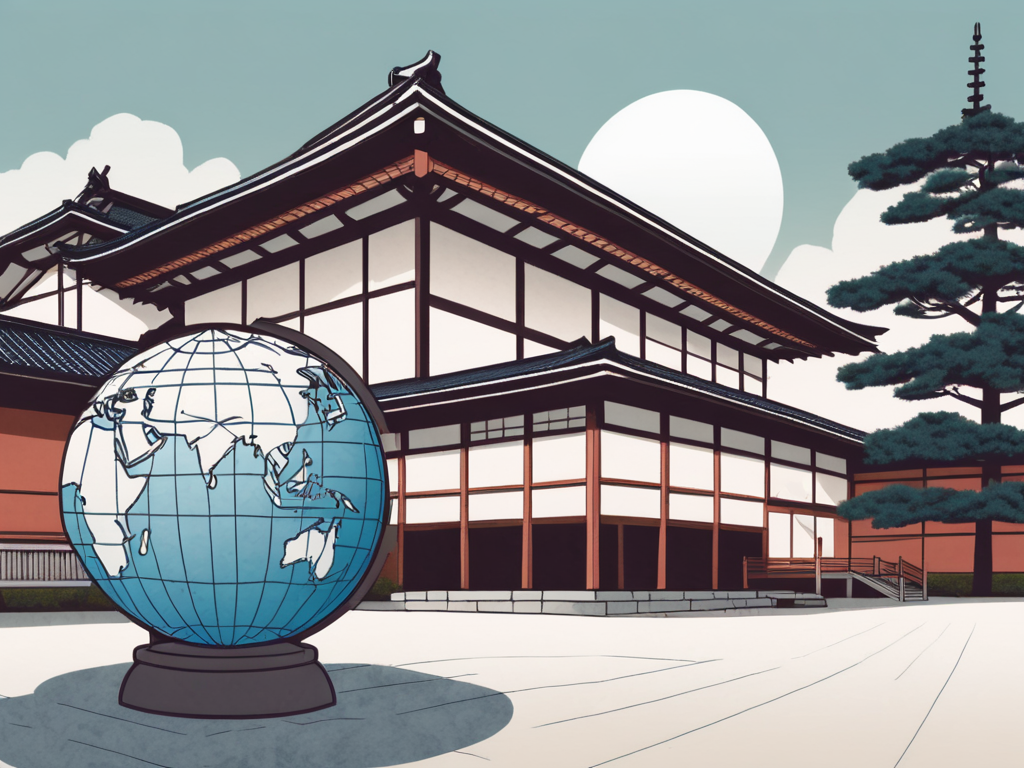 A traditional japanese school building with a globe in the background