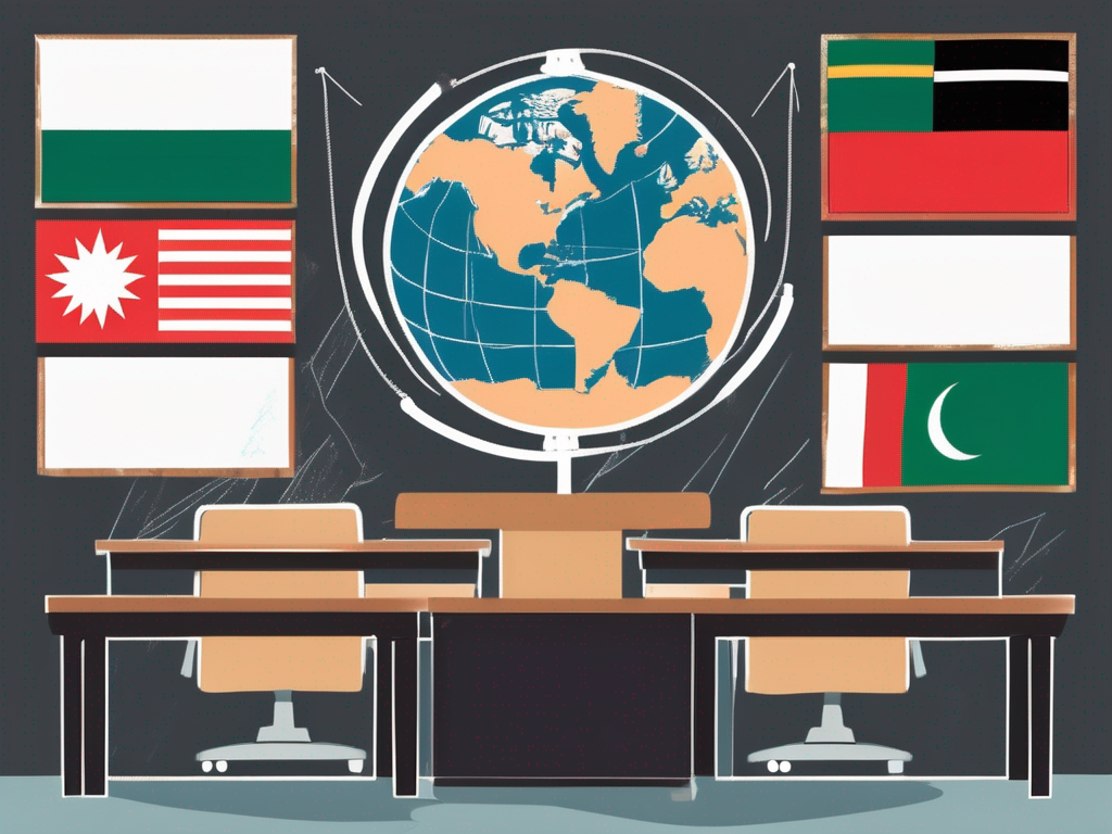 A modern classroom setting with international flags