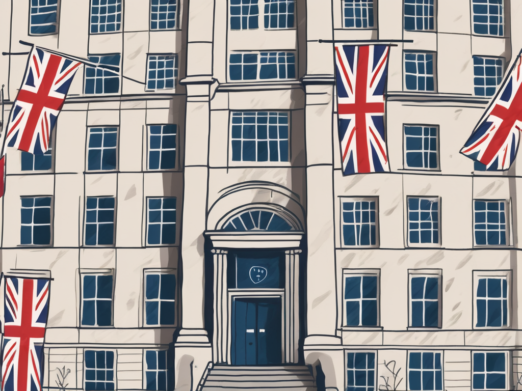 A traditional british school building with various international flags fluttering in the wind