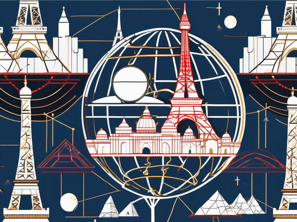 A globe with various iconic landmarks (like the eiffel tower