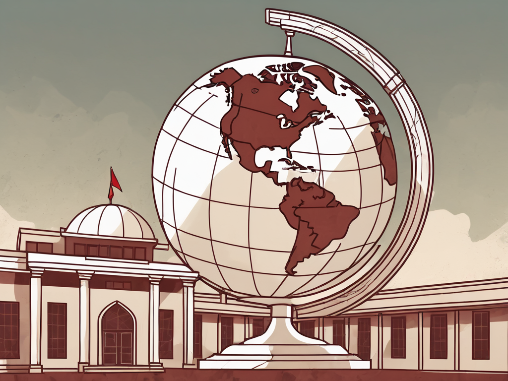 A traditional turkish school building with a globe in the foreground