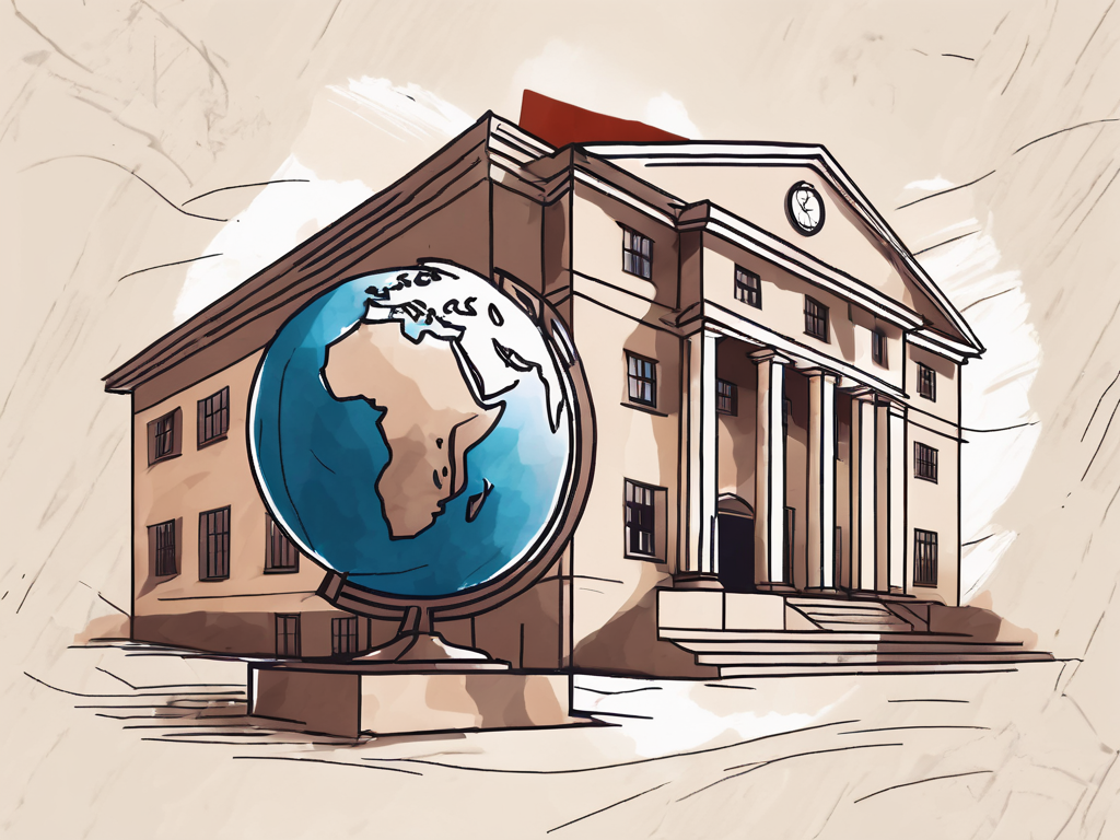 A traditional uruguayan school building with a globe and a graduation cap floating above it