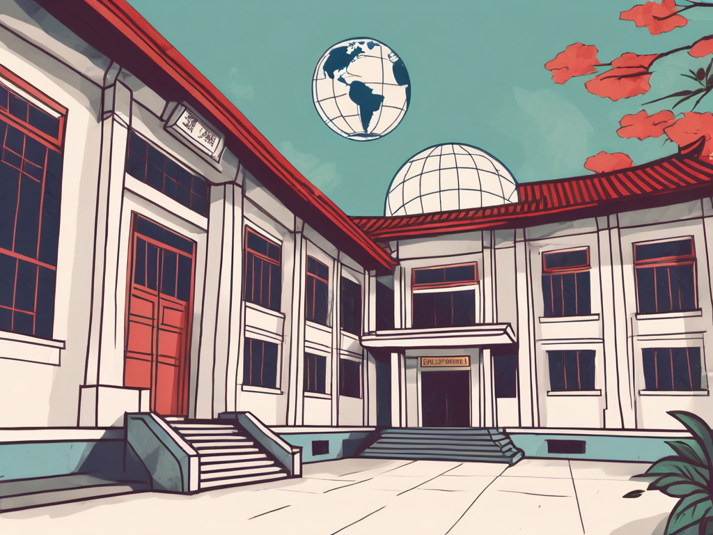 A traditional vietnamese school building with a globe in the background