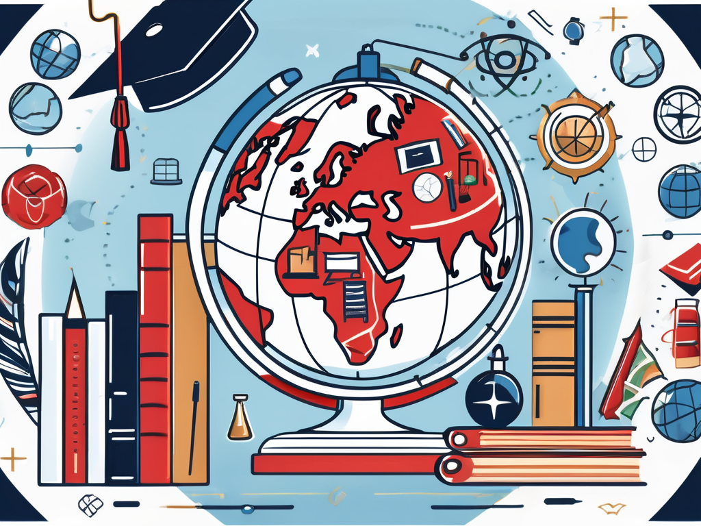 A globe surrounded by various symbols of education like books